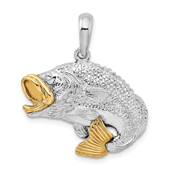 925 Sterling Silver Polished Jumping Bass with 14k Yellow Gold Accents Pendant - Picture 2 of 5